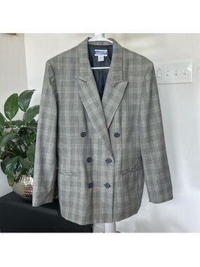 Pendleton Vintage Wool Double Breasted Plaid Blazer Jacket Sz 14 Navy Blue Ivory